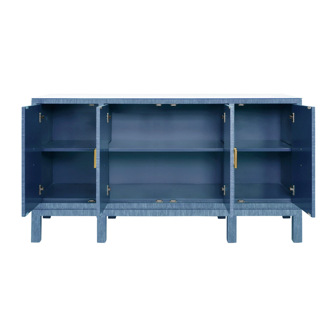 Four Door Buffet With Large Brass Square Hardware In Blue Dyed Grasscloth - EFFIE BL