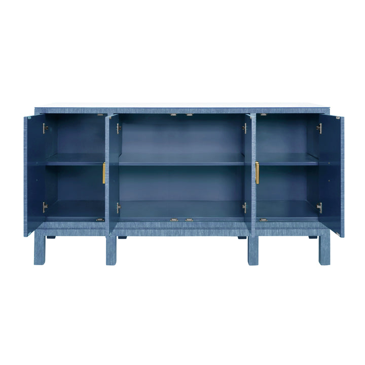 Four Door Buffet With Large Brass Square Hardware In Blue Dyed Grasscloth - EFFIE BL
