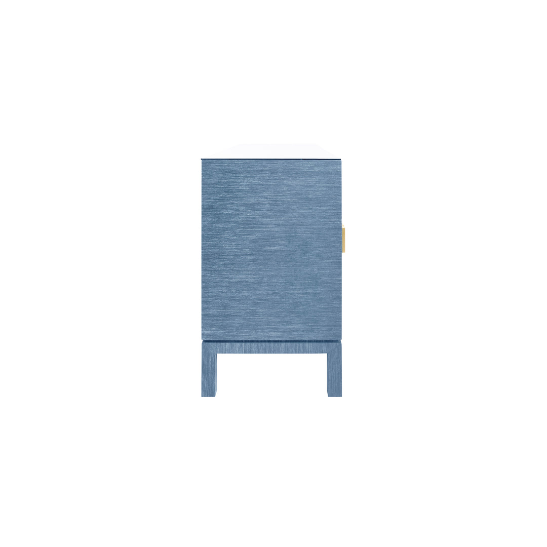 Four Door Buffet With Large Brass Square Hardware In Blue Dyed Grasscloth - EFFIE BL
