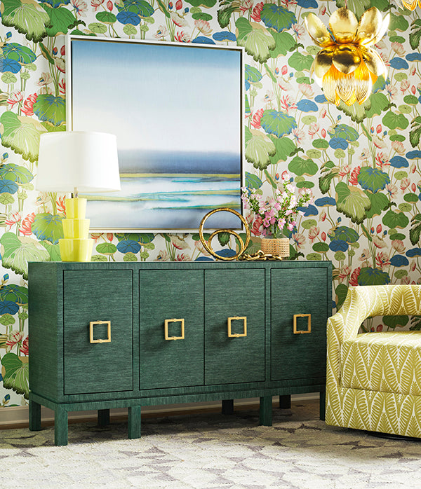 Four Door Buffet With Large Brass Square Hardware In Green Dyed Grasscloth - EFFIE GR