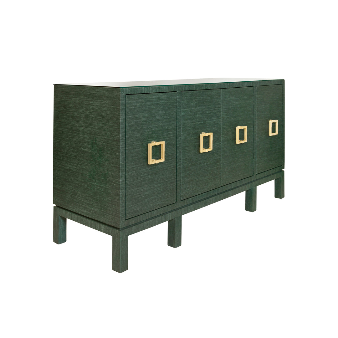 Four Door Buffet With Large Brass Square Hardware In Green Dyed Grasscloth - EFFIE GR