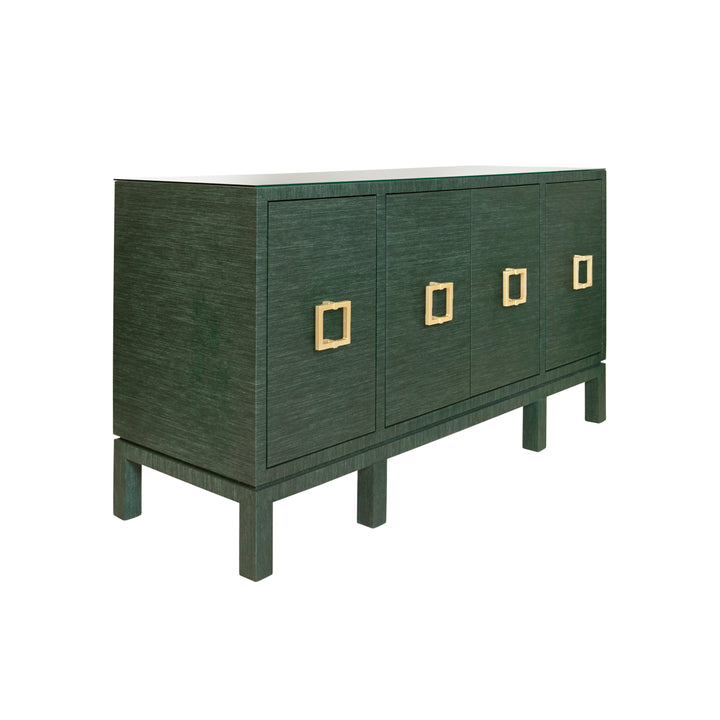 Four Door Buffet With Large Brass Square Hardware In Green Dyed Grasscloth - EFFIE GR