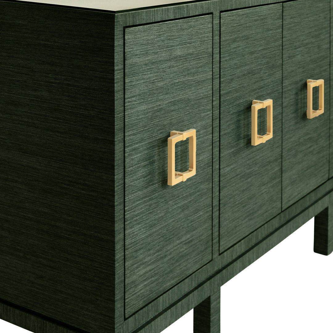 Four Door Buffet With Large Brass Square Hardware In Green Dyed Grasscloth - EFFIE GR