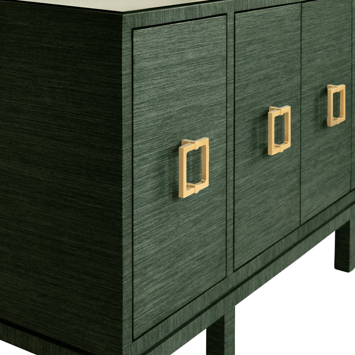 Four Door Buffet With Large Brass Square Hardware In Green Dyed Grasscloth - EFFIE GR