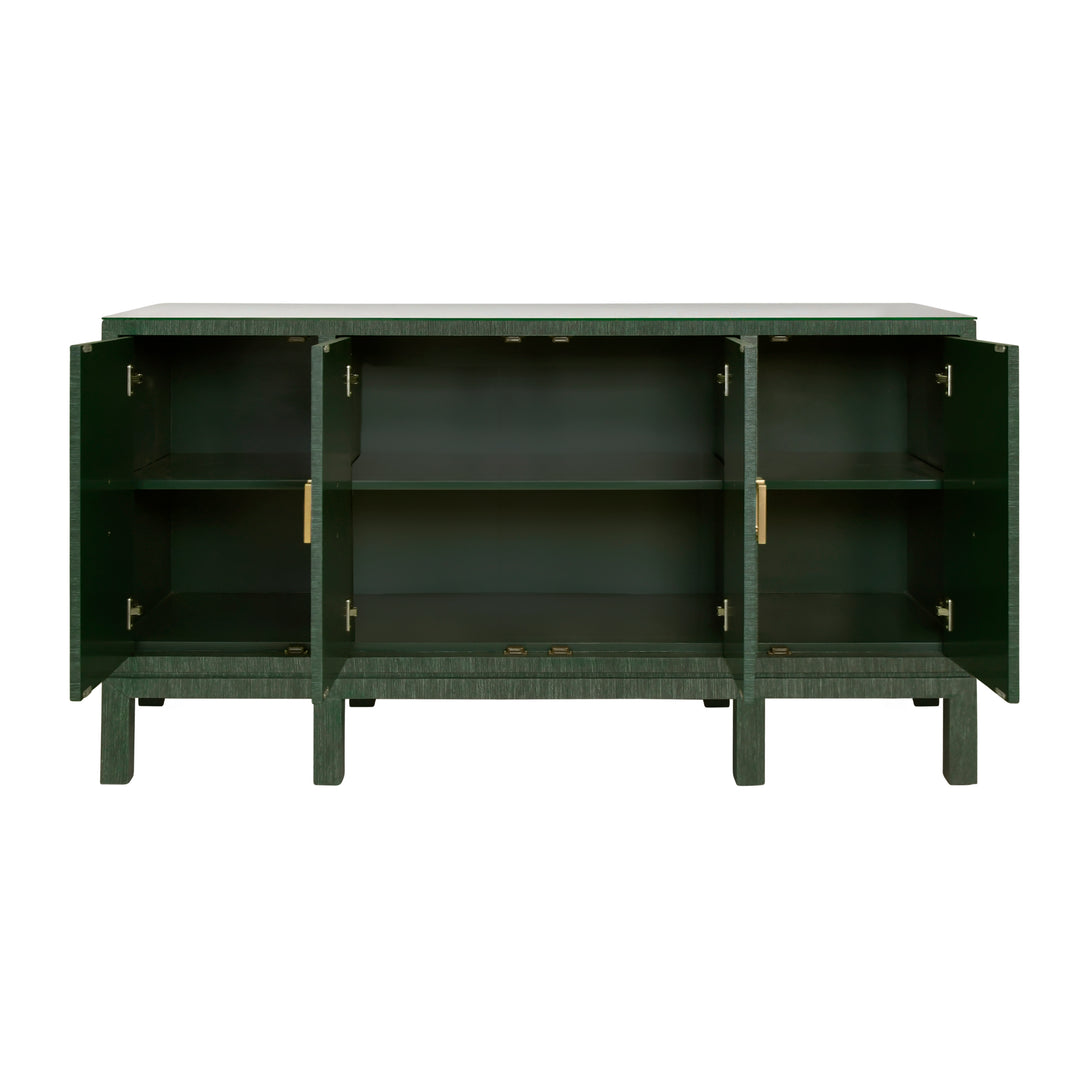 Four Door Buffet With Large Brass Square Hardware In Green Dyed Grasscloth - EFFIE GR