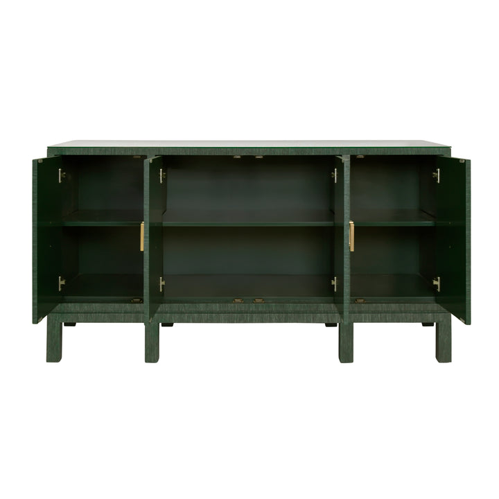 Four Door Buffet With Large Brass Square Hardware In Green Dyed Grasscloth - EFFIE GR
