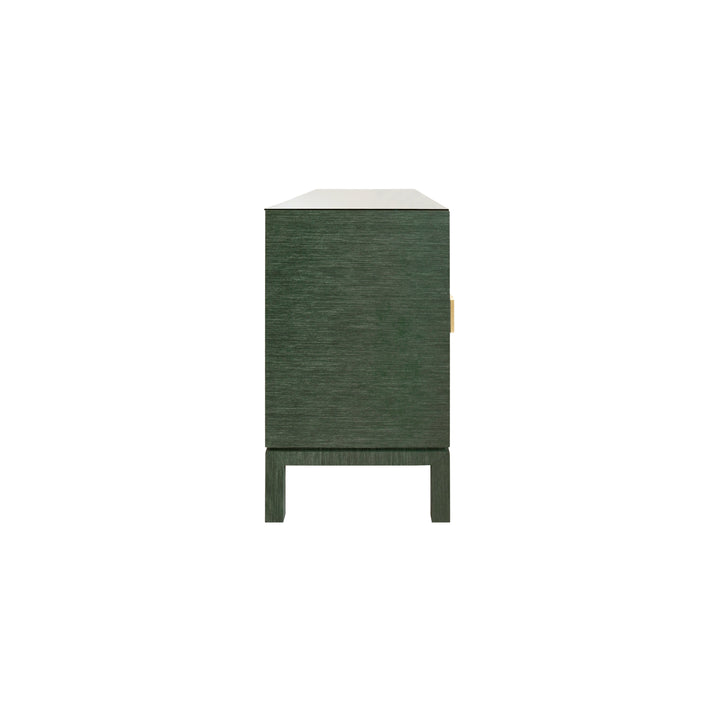Four Door Buffet With Large Brass Square Hardware In Green Dyed Grasscloth - EFFIE GR