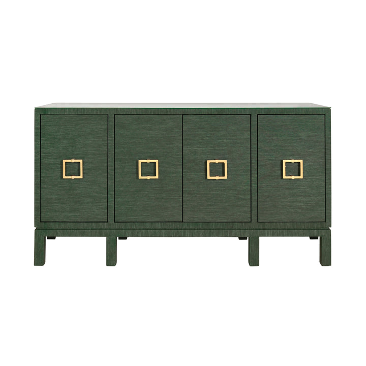 Four Door Buffet With Large Brass Square Hardware In Green Dyed Grasscloth - EFFIE GR