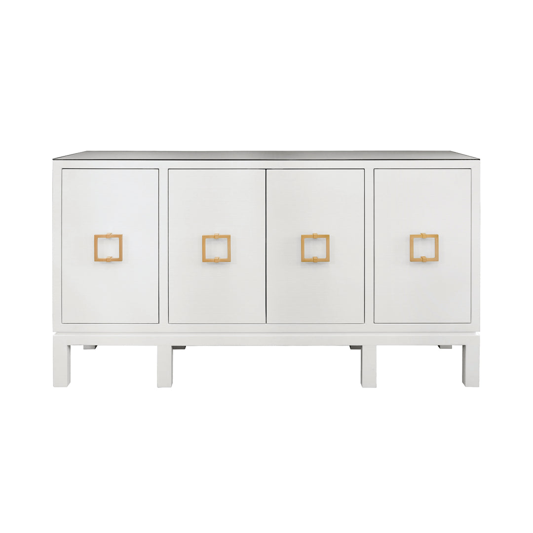 Four Door Buffet With Large Brass Square Hardware In White Textured Linen - EFFIE WH