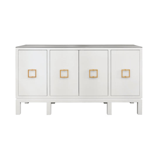 Four Door Buffet With Large Brass Square Hardware In White Textured Linen - EFFIE WH