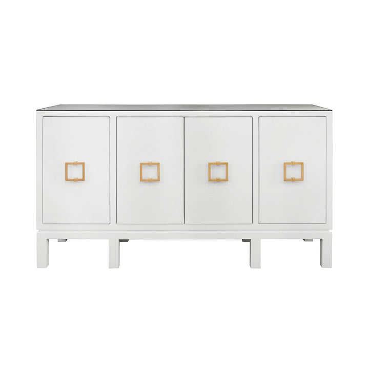 Four Door Buffet With Large Brass Square Hardware In White Textured Linen - EFFIE WH