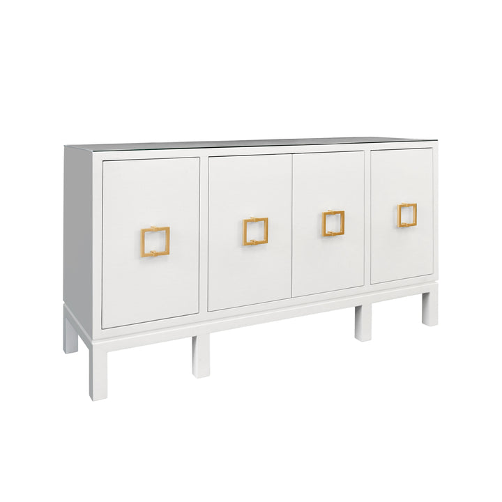 Four Door Buffet With Large Brass Square Hardware In White Textured Linen - EFFIE WH