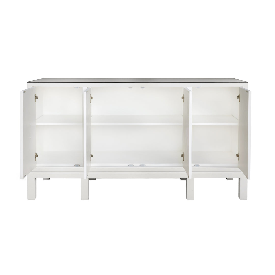 Four Door Buffet With Large Brass Square Hardware In White Textured Linen - EFFIE WH