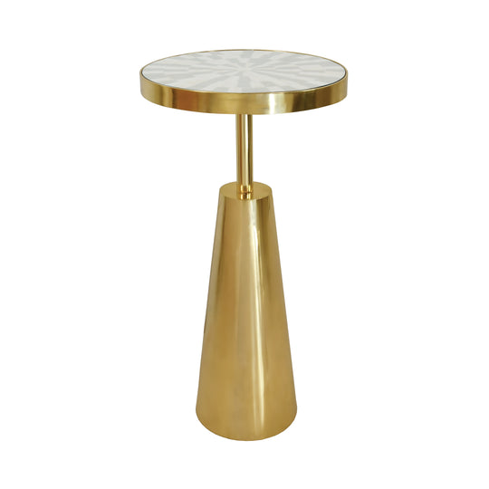 Tapered Brass Side Table With Round Inlaid Radial Natural Bone And Resin Top - ELIAS