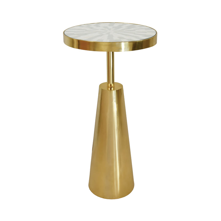Tapered Brass Side Table With Round Inlaid Radial Natural Bone And Resin Top - ELIAS