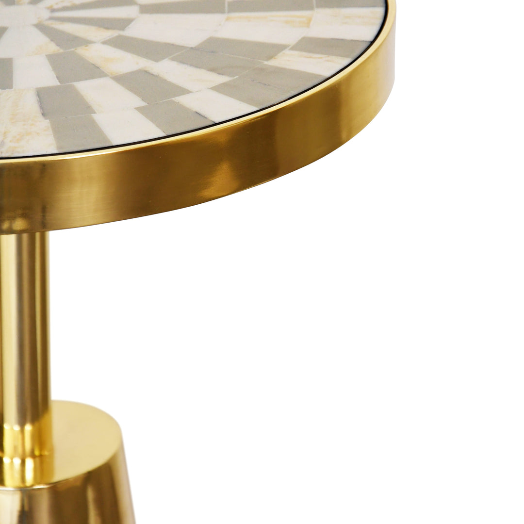 Tapered Brass Side Table With Round Inlaid Radial Natural Bone And Resin Top - ELIAS