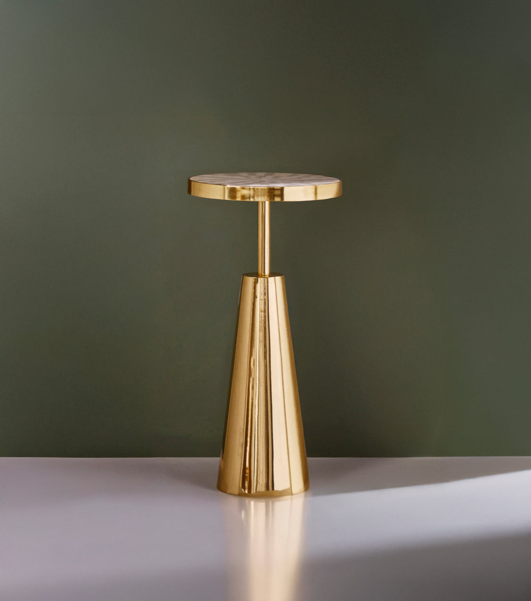Tapered Brass Side Table With Round Inlaid Radial Natural Bone And Resin Top - ELIAS