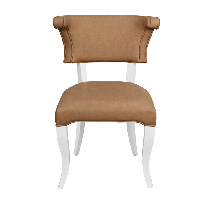 Round Back Dining Chair With Matte White Lacquer Legs Upholstered In Camel Faux Leather - ELOISE CML