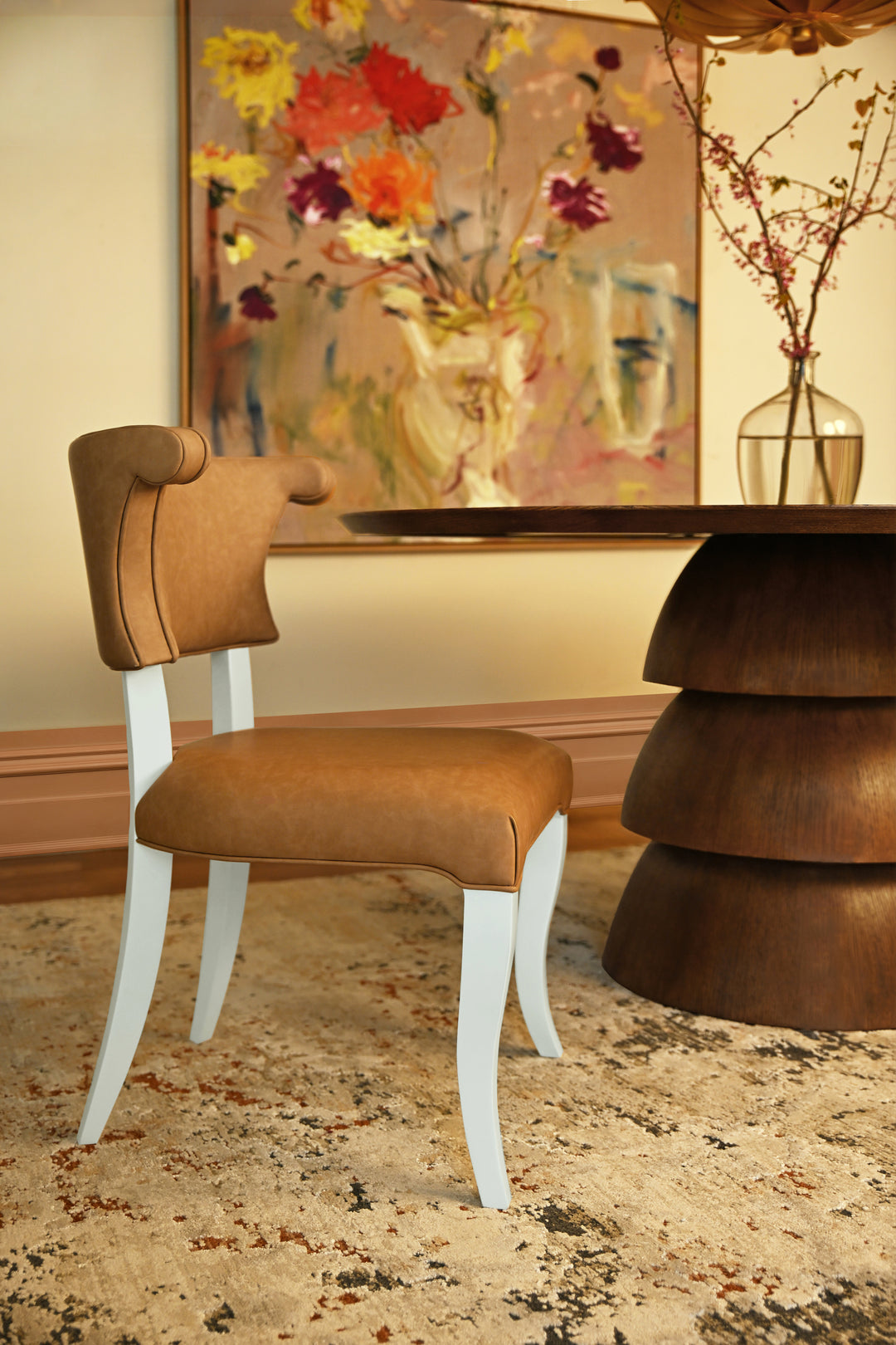 Round Back Dining Chair With Matte White Lacquer Legs Upholstered In Camel Faux Leather - ELOISE CML