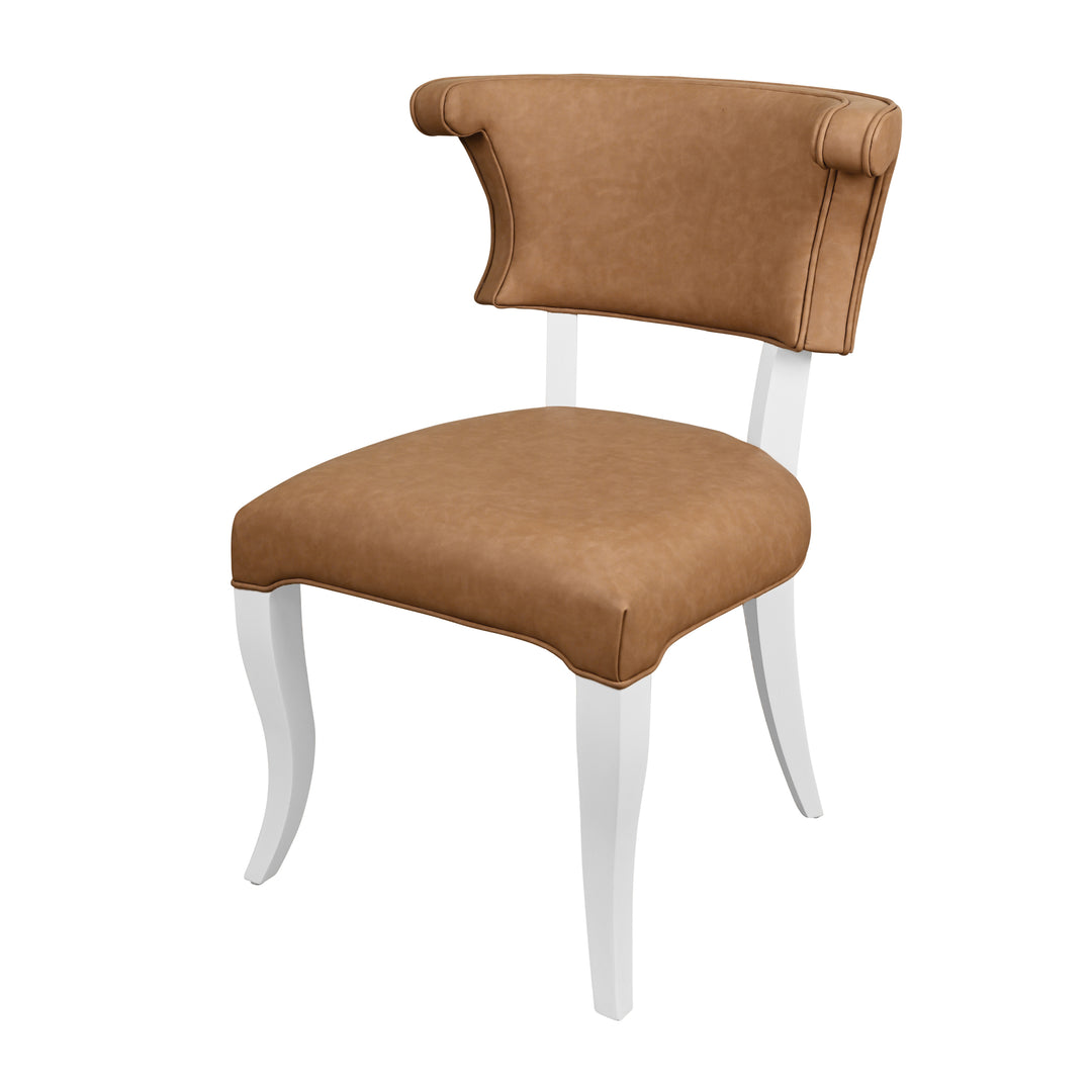 Round Back Dining Chair With Matte White Lacquer Legs Upholstered In Camel Faux Leather - ELOISE CML