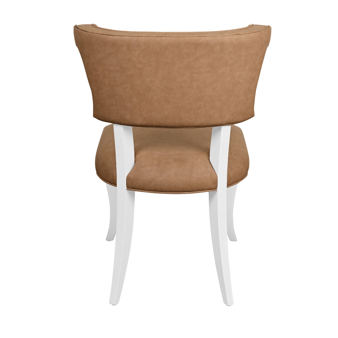Round Back Dining Chair With Matte White Lacquer Legs Upholstered In Camel Faux Leather - ELOISE CML