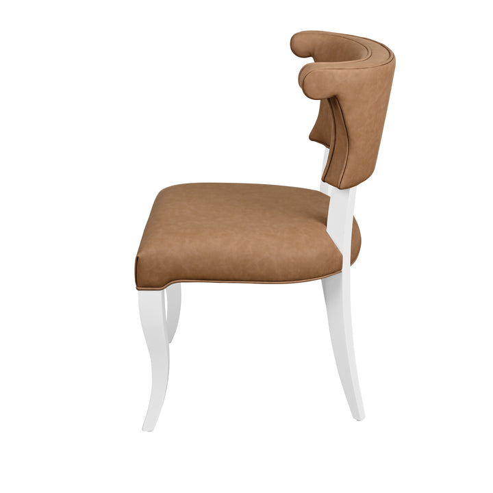 Round Back Dining Chair With Matte White Lacquer Legs Upholstered In Camel Faux Leather - ELOISE CML