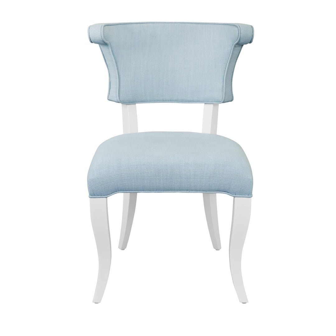 Round Back Dining Chair With Matte White Lacquer Legs Upholstered In Performance Light Blue Linen - ELOISE LB