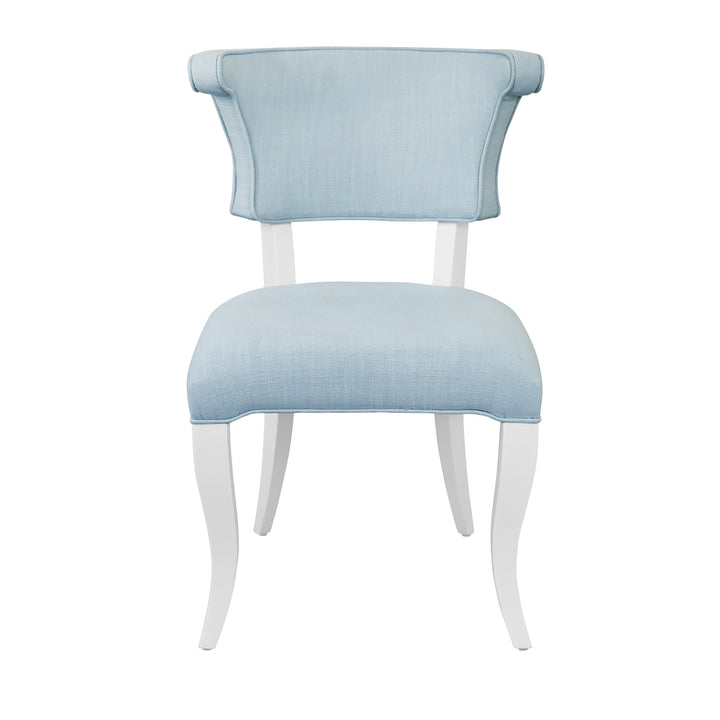 Round Back Dining Chair With Matte White Lacquer Legs Upholstered In Performance Light Blue Linen - ELOISE LB