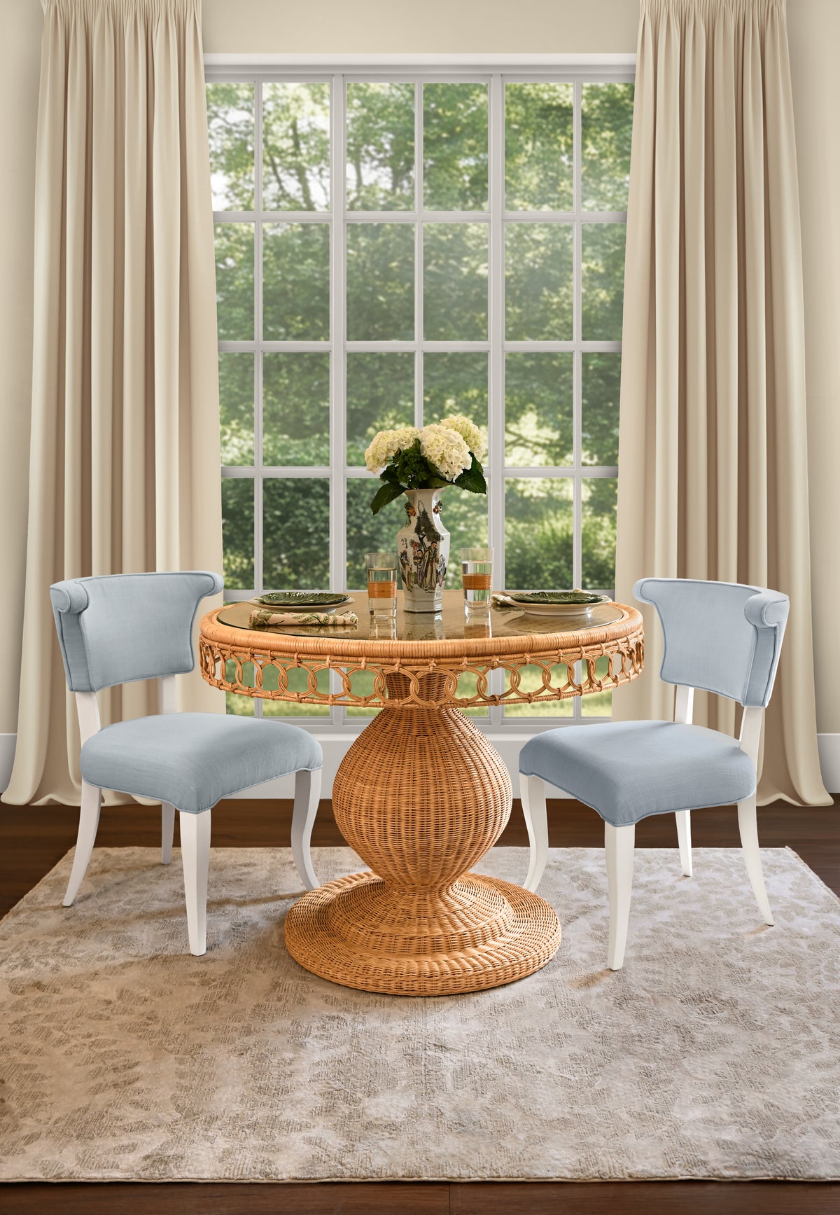 Round Back Dining Chair With Matte White Lacquer Legs Upholstered In Performance Light Blue Linen - ELOISE LB