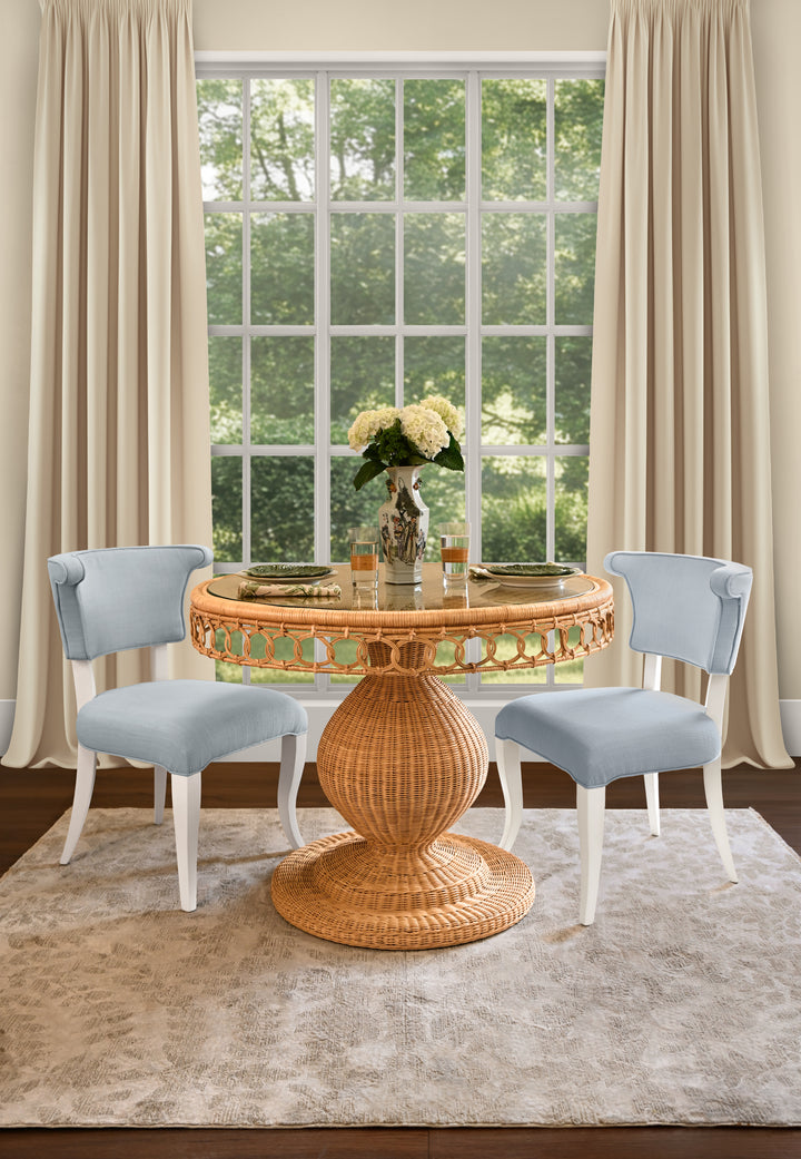 Round Back Dining Chair With Matte White Lacquer Legs Upholstered In Performance Light Blue Linen - ELOISE LB