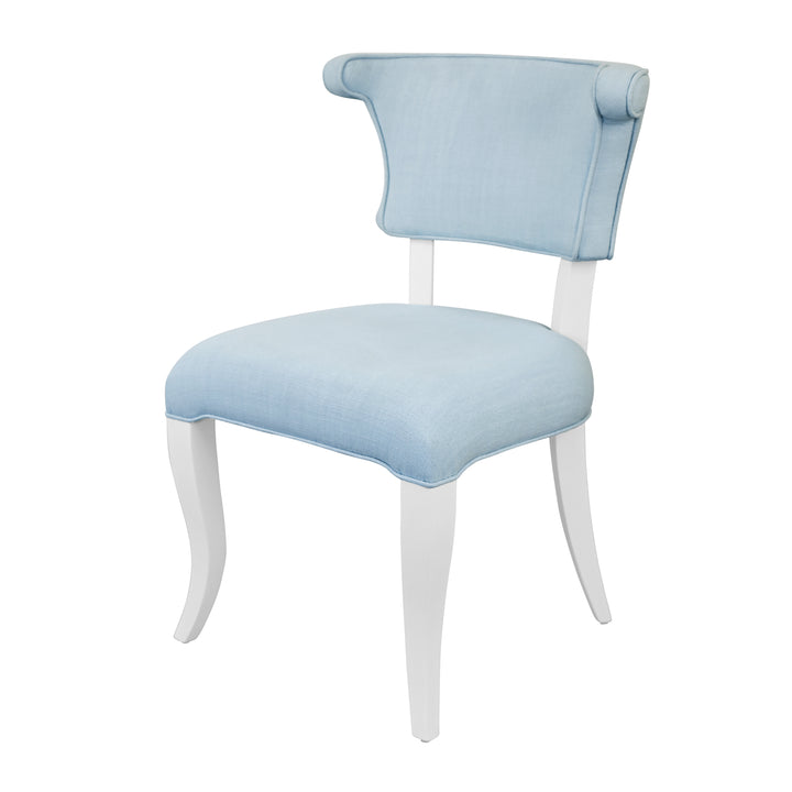Round Back Dining Chair With Matte White Lacquer Legs Upholstered In Performance Light Blue Linen - ELOISE LB