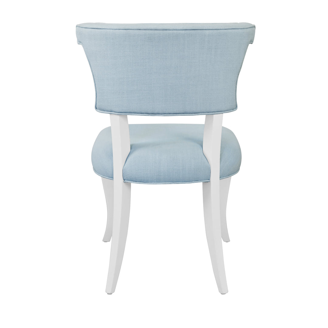 Round Back Dining Chair With Matte White Lacquer Legs Upholstered In Performance Light Blue Linen - ELOISE LB