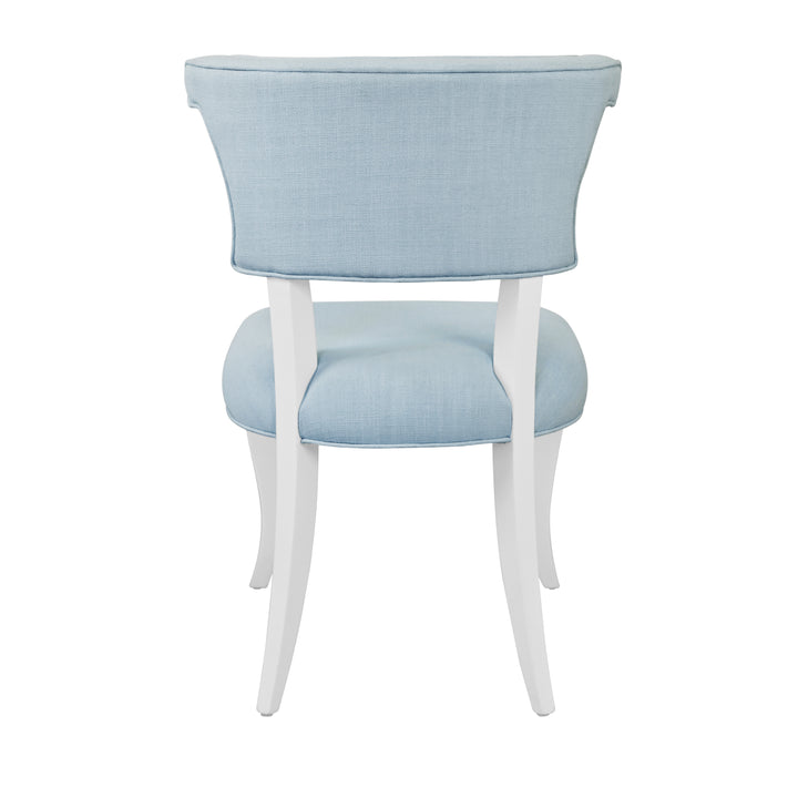 Round Back Dining Chair With Matte White Lacquer Legs Upholstered In Performance Light Blue Linen - ELOISE LB