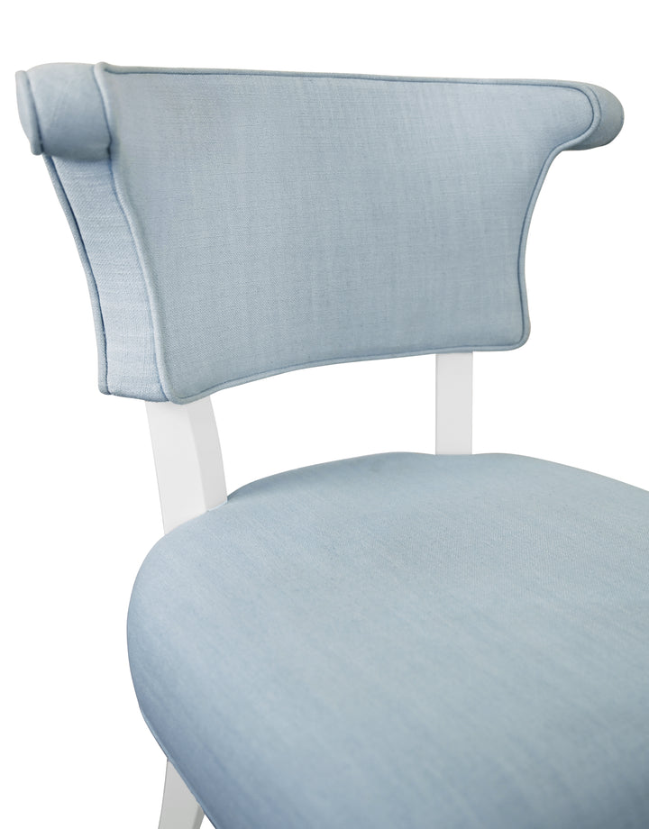 Round Back Dining Chair With Matte White Lacquer Legs Upholstered In Performance Light Blue Linen - ELOISE LB