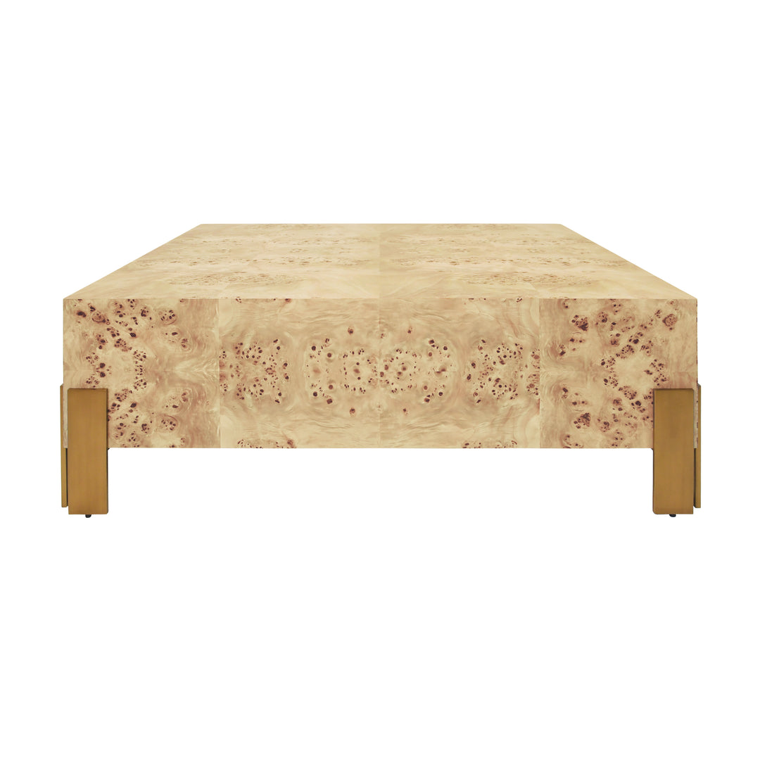Square Chunk Coffee Table With Antique Brass Leg Brackets In Burl Wood - ENID BW