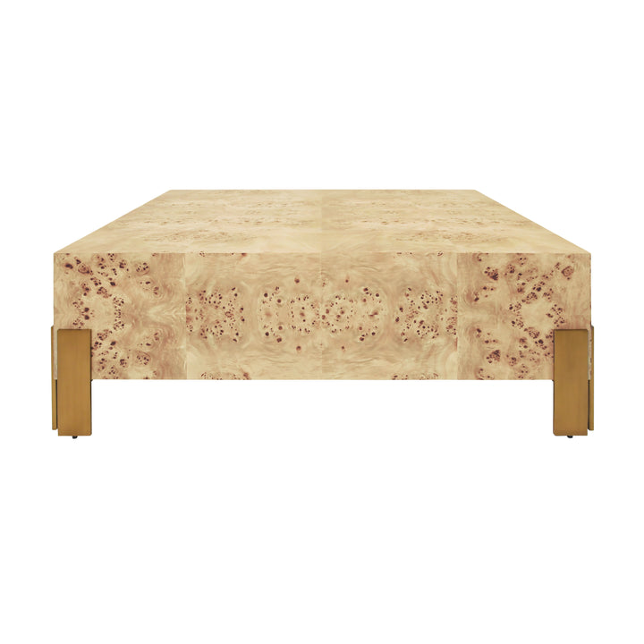 Square Chunk Coffee Table With Antique Brass Leg Brackets In Burl Wood - ENID BW