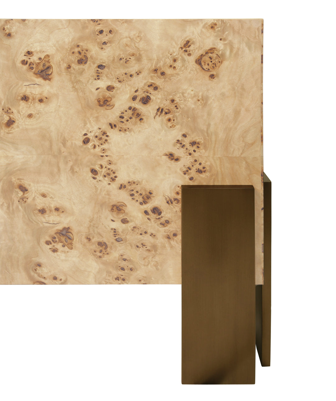 Square Chunk Coffee Table With Antique Brass Leg Brackets In Burl Wood - ENID BW