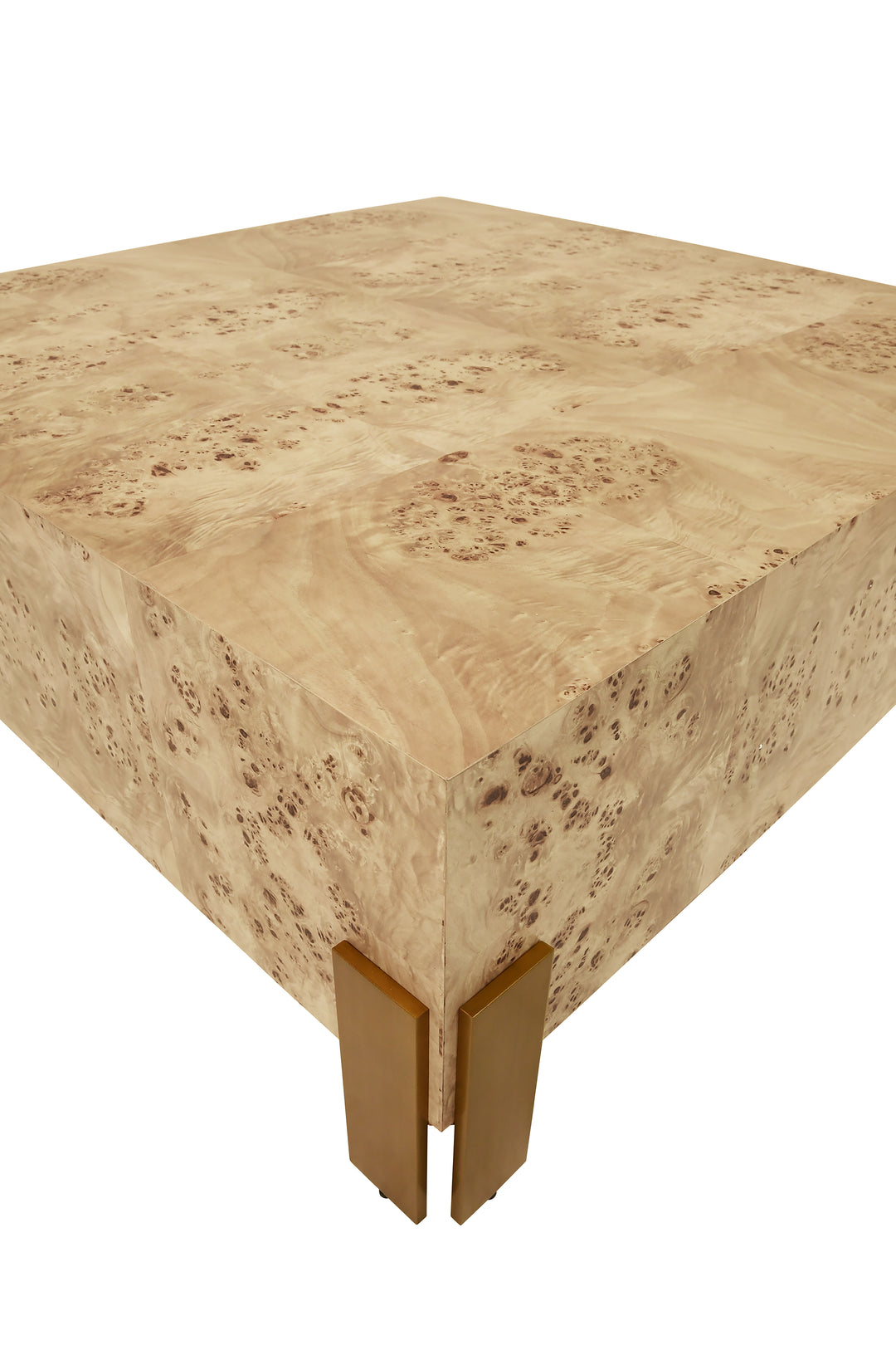 Square Chunk Coffee Table With Antique Brass Leg Brackets In Burl Wood - ENID BW