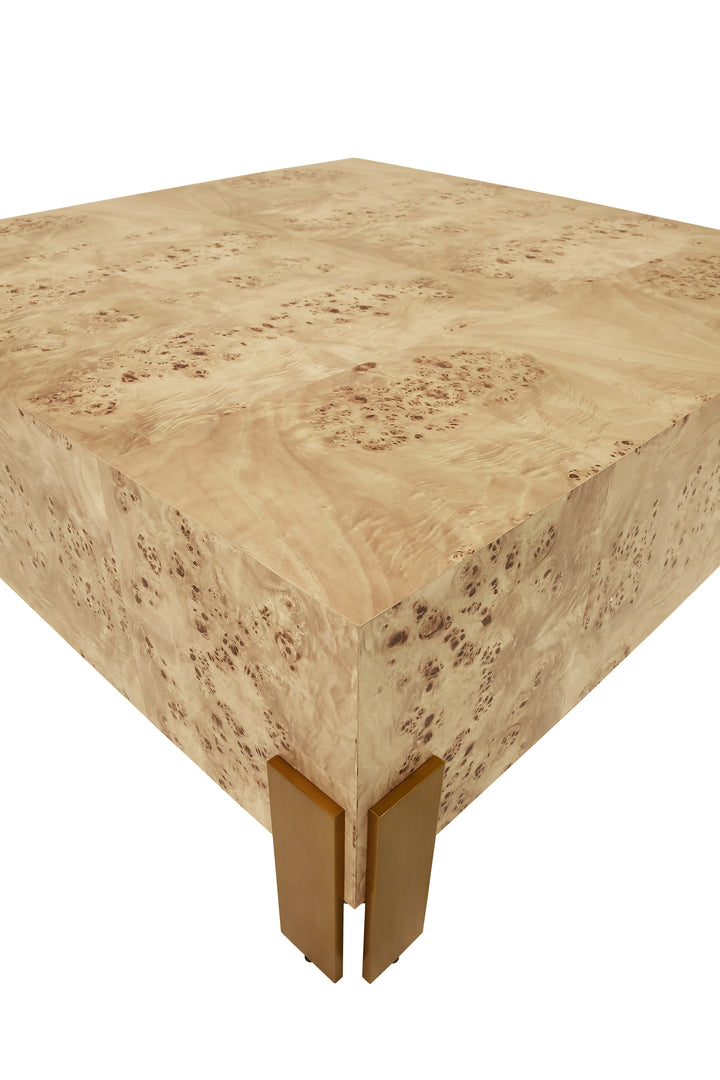 Square Chunk Coffee Table With Antique Brass Leg Brackets In Burl Wood - ENID BW