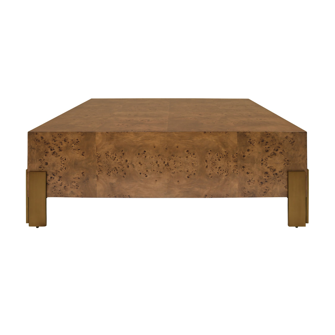 Square Chunk Coffee Table With Antique Brass Leg Brackets In Dark Burl Wood - ENID DBW