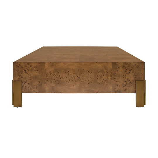 Square Chunk Coffee Table With Antique Brass Leg Brackets In Dark Burl Wood - ENID DBW