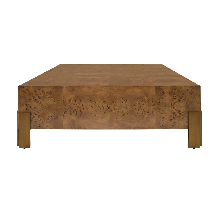 Square Chunk Coffee Table With Antique Brass Leg Brackets In Dark Burl Wood - ENID DBW