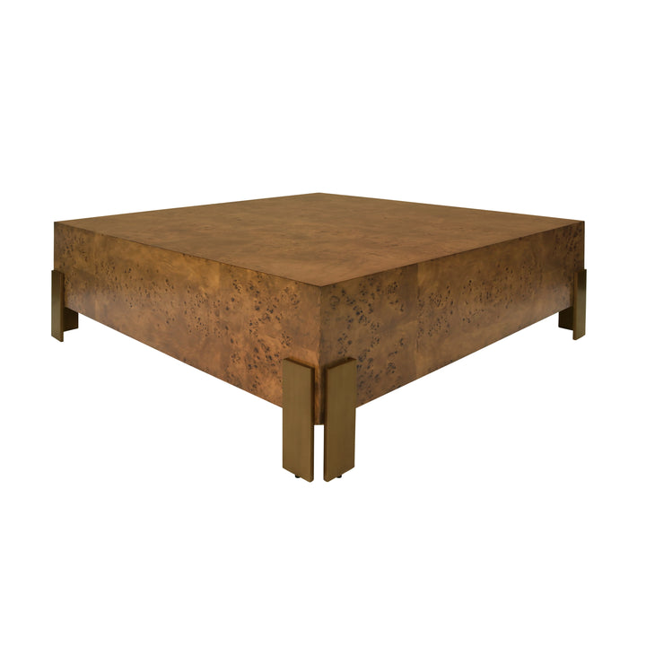 Square Chunk Coffee Table With Antique Brass Leg Brackets In Dark Burl Wood - ENID DBW
