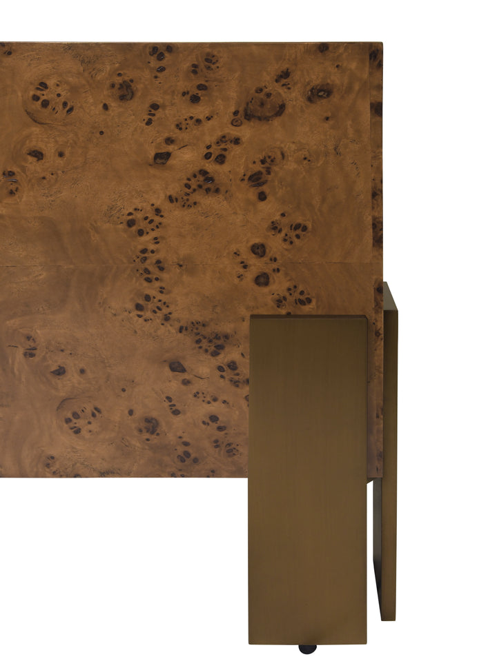 Square Chunk Coffee Table With Antique Brass Leg Brackets In Dark Burl Wood - ENID DBW