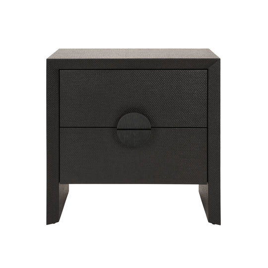 Two Drawer Side Table In Black Painted Grasscloth With Black Oak Handles - EZRA BLK
