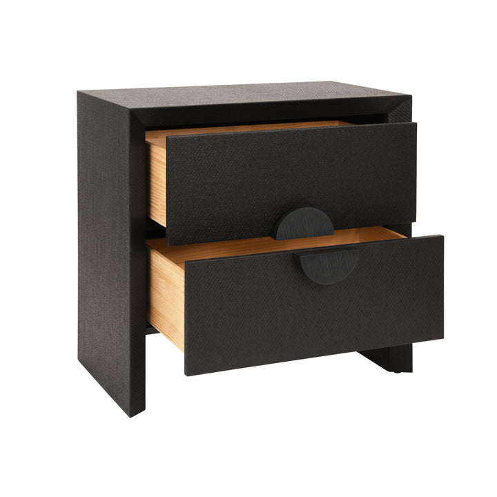Two Drawer Side Table In Black Painted Grasscloth With Black Oak Handles - EZRA BLK