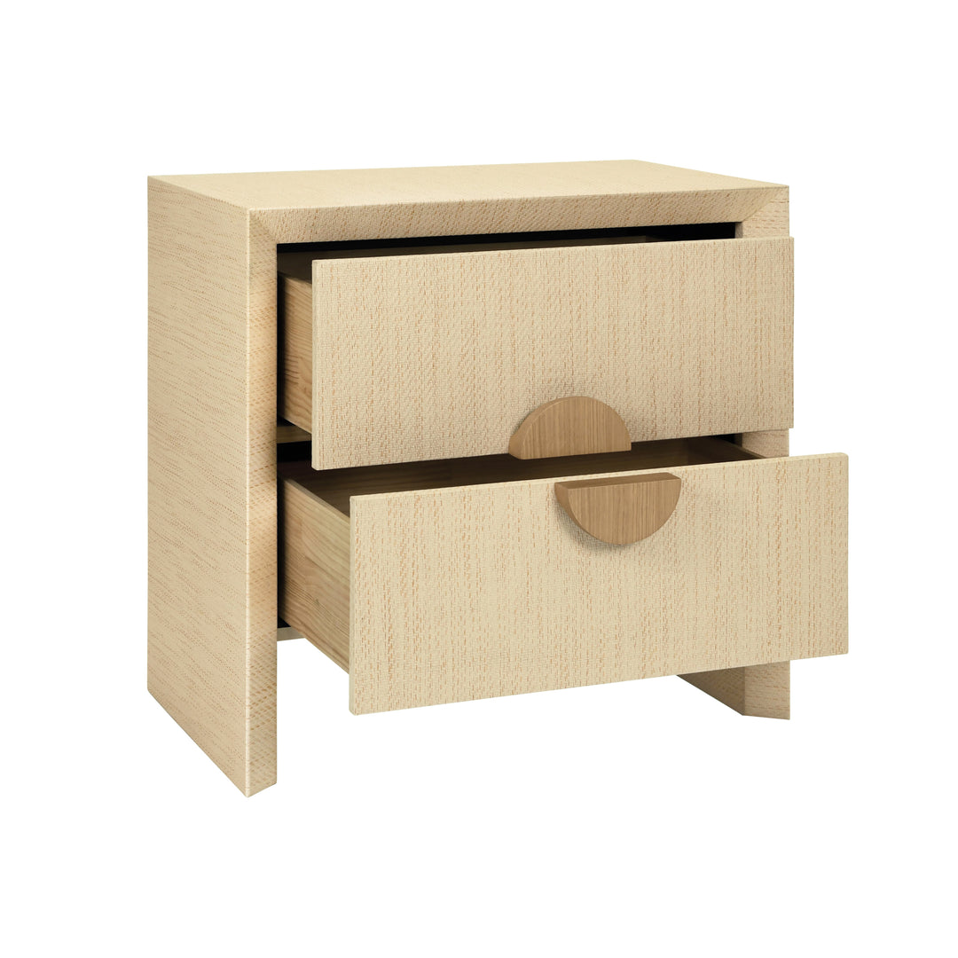 Two Drawer Side Table In Natural Grasscloth With Cerused Oak Handles - EZRA NAT