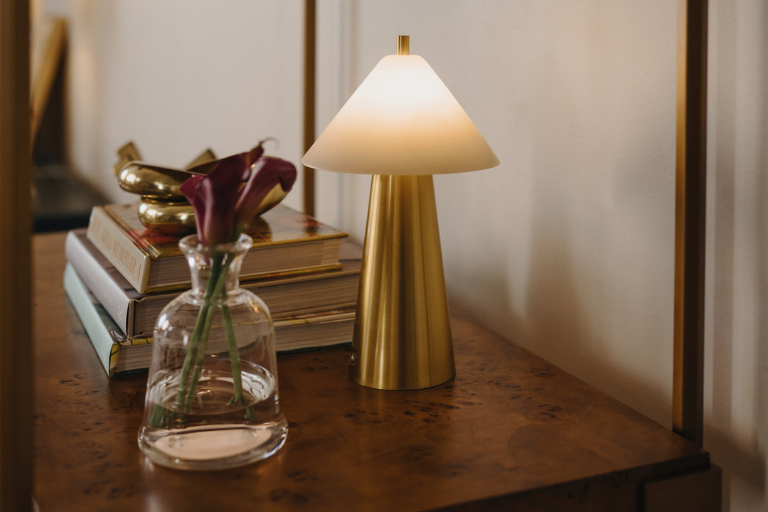 Rechargeable Mini Table Lamp With Faux Alabaster Tapered Shade And Brass Base - FARLEY