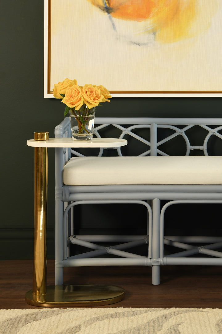 Decorative Bench With Performance Ivory Cushion In Rattan In Light Blue - FERGUSON LB