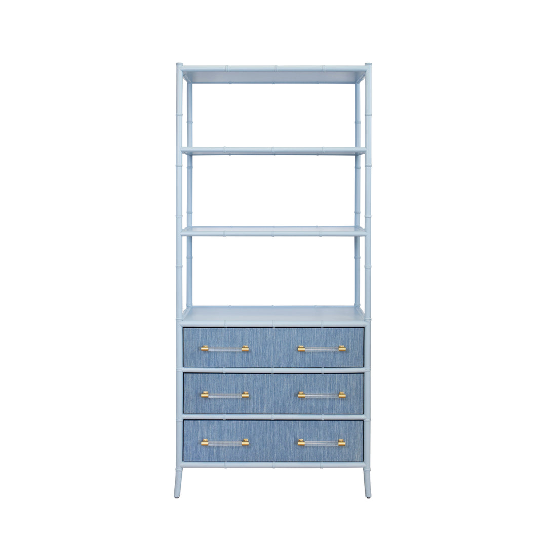 Three Drawer Etagere With Bamboo Detail In Blue Dyed Grasscloth And Light Blue Matte Lacquer - FLYNN BL
